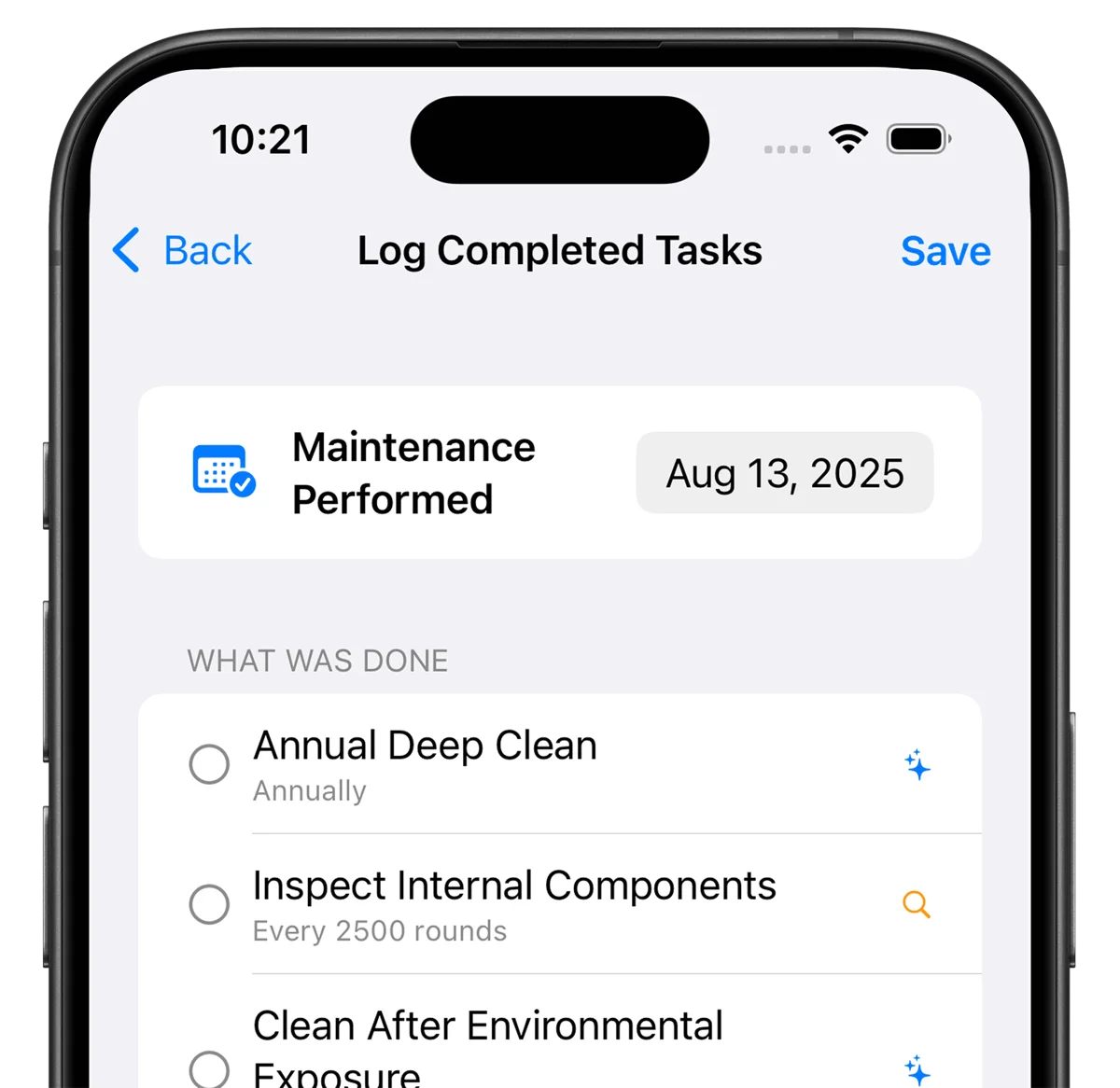Maintenance tracking and reminders screen
