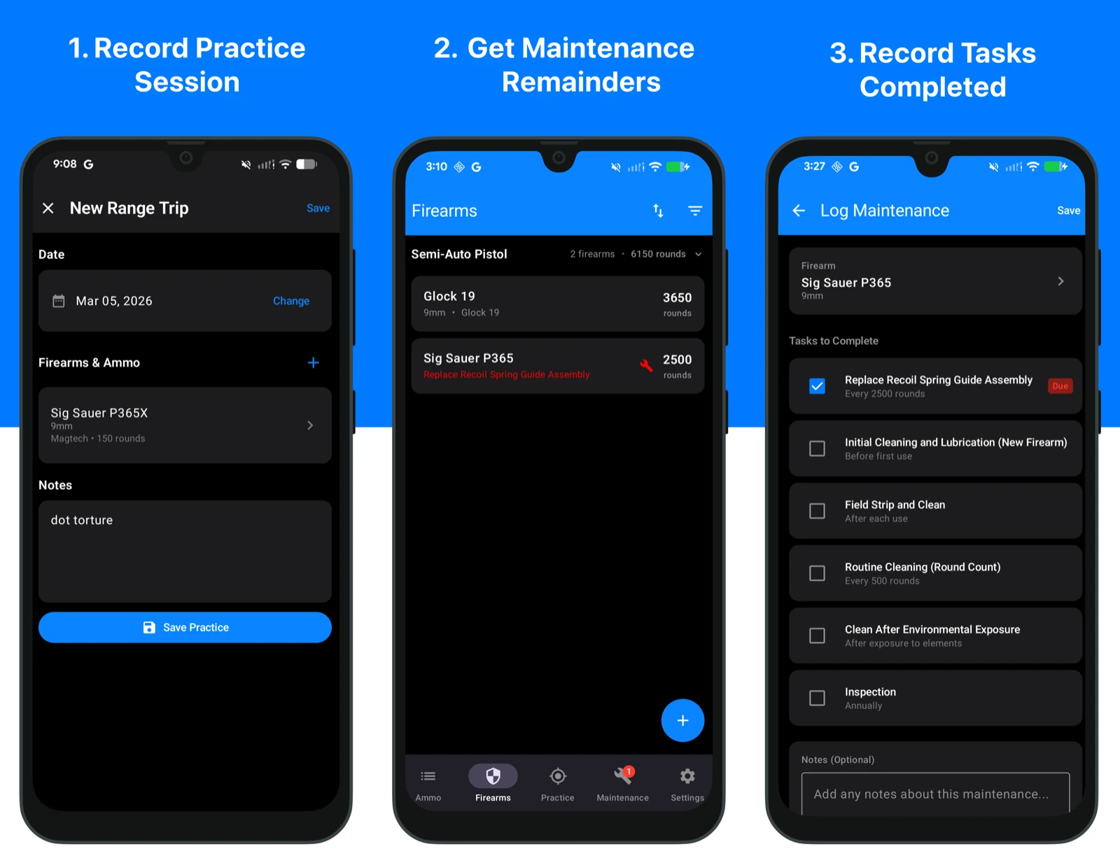 RangeReady flow: record a practice session, get maintenance reminders on the firearms screen, and log completed tasks.